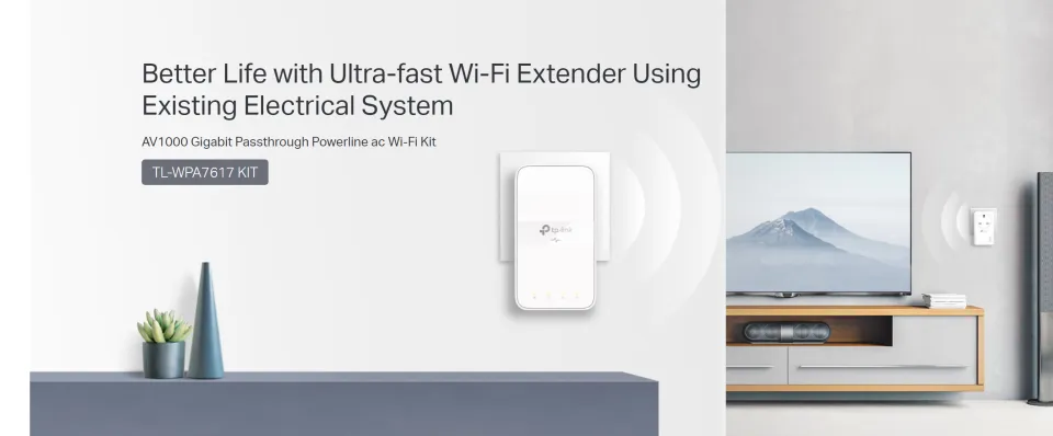 TP-Link TL-WPA7617 KIT AV1000 Gigabit Passthrough Powerline ac Wi-Fi Kit  Powerline: Up to 1000 Mbps Ethernet: 10/100/1000 Mbps 