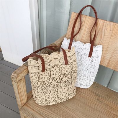 Summer Bucket Shoulder Bag For Women Summer Lace Crochet Flower Elegant Vacation Beach Bag Large Capacity Shopping Bag Purse