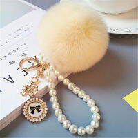 2023, 2022 Fashion Pearl Chain Crystal Bottle Bow Pompom Keychain Car Women HandBag Key Chain Ring River. Fuffy Puff Ball Keychains Jewelry ！