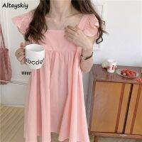 Nightgowns Women Japanese Style Sweet Cute Pink Solid Loose Sleepwear Fashion Square Collar Ruffles Strap Summer Soft Vestidos