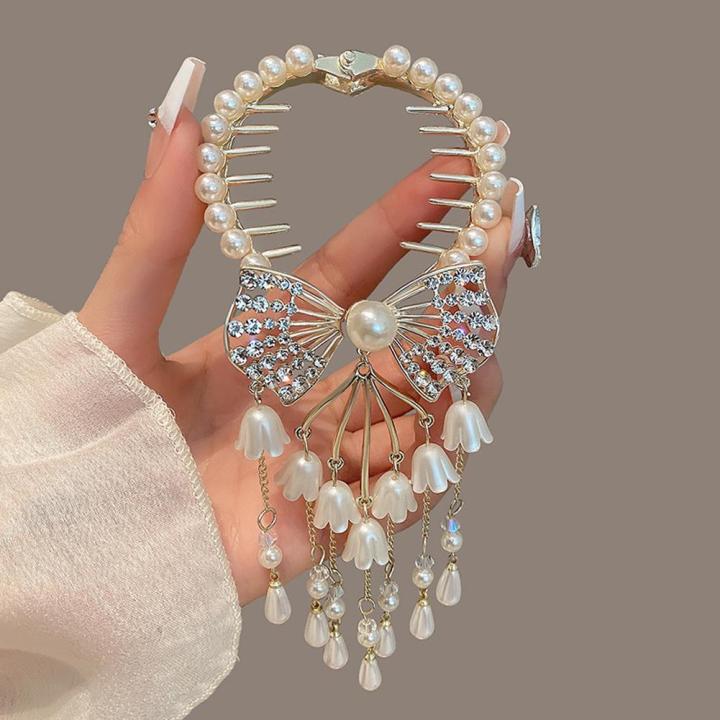 white-tassel-hairpin-back-head-ball-head-plate-hair-for-women-the-ponytail-lily-valley-button-temperament-clip-bow-artifact-ponytail-hair-headdress-clip-of-button-q3f7