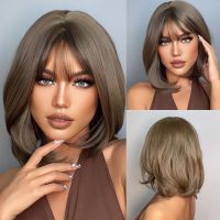 ▫ ALAN EATON Brown Short Hair Wig With Bangs Straight Synthetic Wig for Women Natural Looking Daily Fake Hair Heat Resistant Fiber