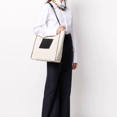 tote bag Jil sanderˉLarge capacity black and white stitching genuine leather canvas cool ladies beach bag