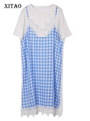 XITAO Dress  Splicing Lattice Shirt Casual False Two Piece Sling T-shirt Dress