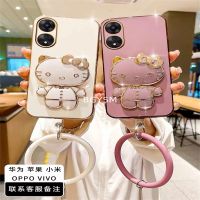 2023ใหม่พร้อมส่งเคสสำหรับ OPPO A78 A58 4G เคสโทรศัพท์สีเคลือบแฟชั่น KT Cat Make-Up กระจกและสร้อยข้อมือพับขาตั้งเลนส์กรอบหลังกันกระแทก