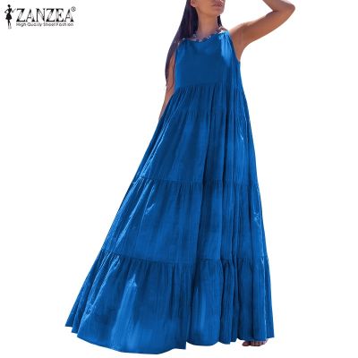 ZANZEA Womens Casual Round Neck Sleeveless Multi Layered Panel Long Dress