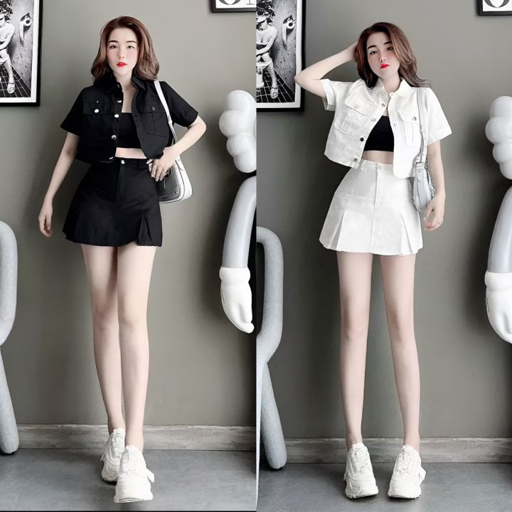 Set áo croptop và chân váy chữ A họa tiết HL1736  Thời trang công sở KK  Fashion