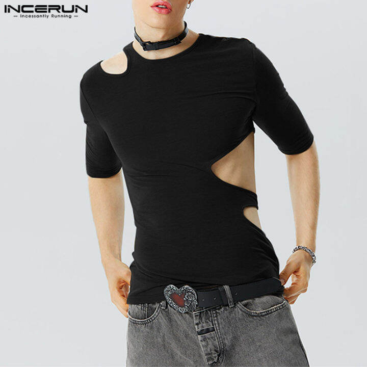 incerun-เสื้อยืดเสื้อพูลโอเวอร์แบบแฟชั่นเข้ารูปลายฉลุสำหรับใส่สบายแขนยาวสำหรับผู้ชาย-สไตล์ตะวันตก