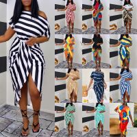 HOT★Dress Women Summer 2022 sexy new stripe printing short sleeve irregular off shoulder Dresses Casual Vestidos CKX10071