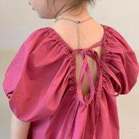 【Ladies shop】กวาง Jonmi 2022BabyBackless VacationPuff SleeveRobe ลายจุดชุดเด็ก