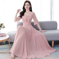 【YF】 Women Temperament Summer Long Dress Casual Half-Sleeve Ruffles Boho  Beach Plus Size Loose V-Neck Chiffon Bodycon