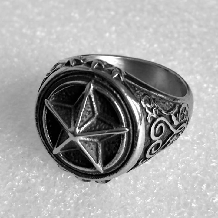 บุคลิกภาพ-punk-titanium-steel-ring-mens-trend-pentagram-ring-แหวนหิน-868s