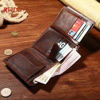 Men vintage crazy horse leather rfid wallet PORTFOLIO money bag designer purse short bifold coin wallet porte feuille homme