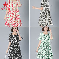 SZWL Women Dress Summer Loose Round Neck Thin Type Floral Polka Dot Short-sleeve Dress