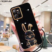 NORVIK เคสมือถือชุบโลหะสีดำสุดหรูพร้อมเชือกผูกกระต่ายนำโชค,สายคล้องสำหรับ Realme 11 C53 Narzo GT C55 C33 10 9i C30 C30S 50i 3 50 C31 2T 50A C35 3T C25Y C21Y 8 C20 n1-2ปกปลอกอ่อน C15รุ่น Prime Pro Plus 4G 5G