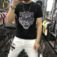 เสื้อยืดผู้ชาย3D Tige Rhinestone Street สวมผ้าฝ้ายหลวมขนาด Hip Hop สไตล์ Tees ฤดูร้อนใหม่แนวโน้ม Homme Causal เสื้อผ้า