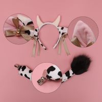 Faux Fur Animal Headbands Furry Cow Ears Headwear Tail Set Kawaii Hair Hoop for Halloween Cosplay Party Supplies R7RF