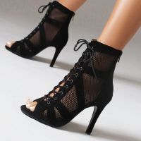 Peep Toe Mesh Ankle Boots Women Summer Shoes Breathable Cool Party Dance Shoes High Heel Sandals Shoes For Gilrs Large Size 45