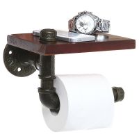 Bathroom Shelves Industrial Retro Iron Toilet Paper Holder Bathroom Hotel Roll Paper Tissue Hanging Rack Wooden Shelf Holder Toilet Roll Holders