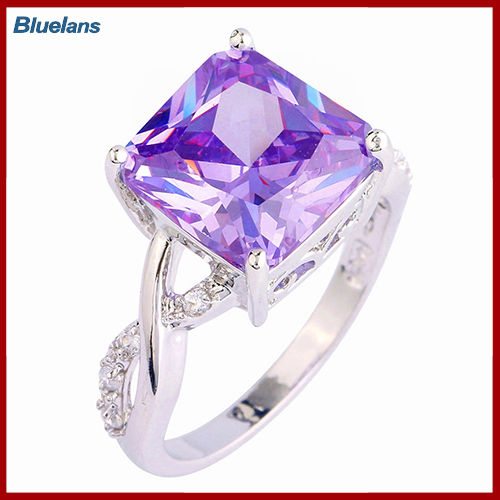 Bluelans®เครื่องประดับแหวนปาร์ตี้ชุบทองคำขาวเซอร์คอนสีม่วงทรงสี่เหลี่ยมหรูหราสำหรับสตรี
