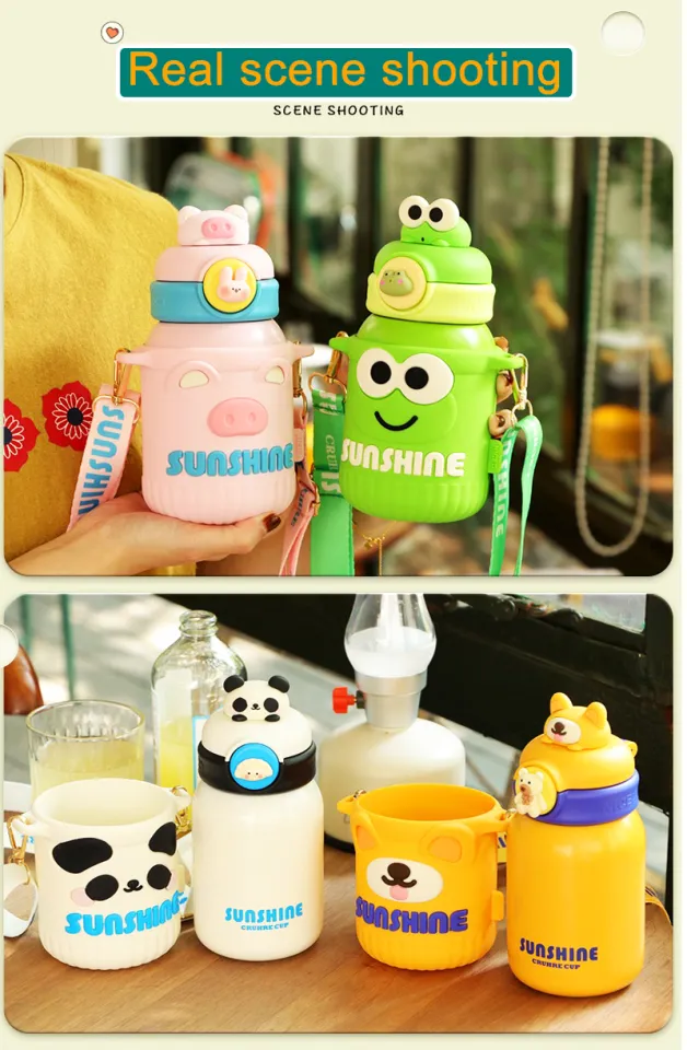 550ML Thermos Bottle Stainless Steel Thermal Water Bottle Cute Frog Panda  With Straw Mug Tumbler Vacuum Flask Cup Portable Kids