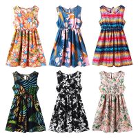 Girls Dress Sleeveless 2022 Summer Children Princess Dresses Flower Print Teen Beach Dress Casual Kids Clothes Cotton