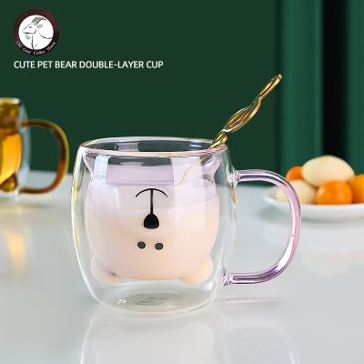 【High-end cups】 สร้างสรรค์น่ารักหมีแก้วกาแฟแก้วใสถ้วยกาแฟถ้วยแก้วคู่สัตว์สองชั้นนมน้ำผลไม้ชาแก้ว Cup