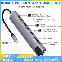 ฮับ USB 8-In-1ตัวแปลงแบบหลายพอร์ตอะแดปเตอร์3.1-4K RJ45ตัวอ่านบัตร TF PD ชาร์จเร็วใช้ได้กับ MacBook