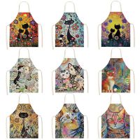 Home Flower Kitchen Cooking Apron Cute Cat Printed Home Sleeveless Cotton Linen Aprons for Men Women Baking Accessories Fartuchy Aprons