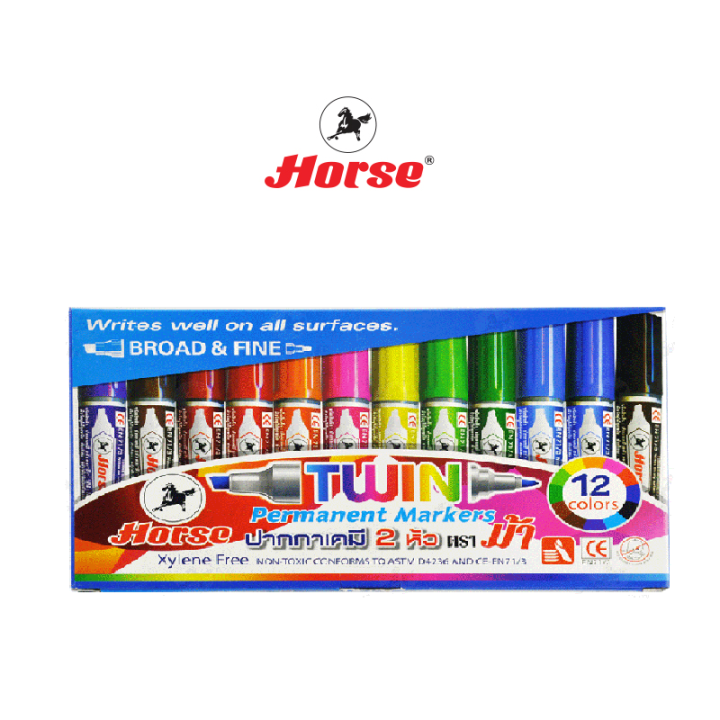 horse-ตราม้า-ชุดปากกาเคมี-2หัว-twin-pen-12สี-1x1-กล่อง