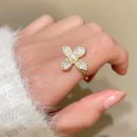 [Free ship] and ins pearl flower ring female light luxury full diamond index finger geometric opening