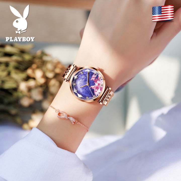 playboy-ชุดนาฬิกาสำหรับผู้หญิง-นาฬิกาข้อมือประดับพลอยเทียมหน้าปัดสีม่วงหรูหรากันน้ำสายสแตนเลส