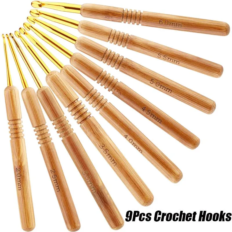 9Pcs Wood Crochet Hook Knitting Needles Kit Soft Handle Sweater Scarf  Sewing Needles Knitting Tools