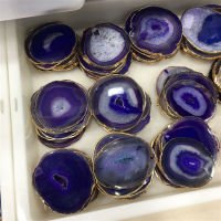 85-100mm Natural Agate Stone Slice Blue Dessert Coaster Gold Edge Plate Polishing Insulated For Decoration