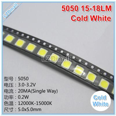 ลูกปัดโคมไฟ LED สีขาวเย็น3V แบบ20ma 5050 100ชิ้น LED แบบ SMD สีคูลไวท์12000K-15000K 15-18LM