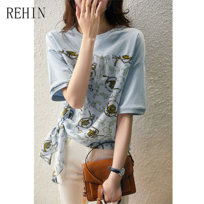 REHIN เสื้อยืดแขนสั้นผ้าไหมหม่อน,เสื้อเบลาส์ทรงหลวมและบางแฟชั่นย้อนยุคพิมพ์ลายใหม่สำหรับฤดูร้อน