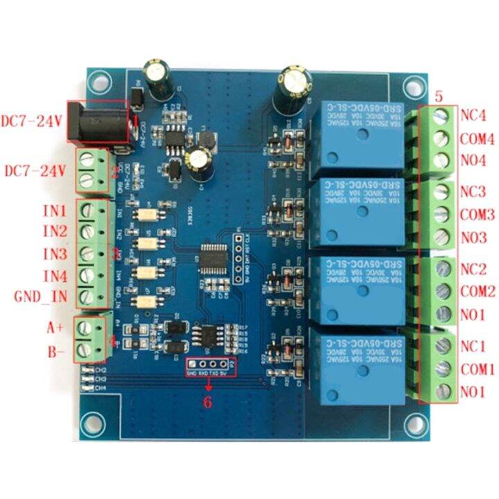 modbus-rtu-4-way-relay-module-7-24v-relay-module-switch-rs485-ttl-input-and-output-with-anti-reverse-protection