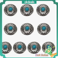 OKDEALS 10Pcs โลหะผสมและสีฟ้าครามสังเคราะห์ ปุ่มสกรูด้านหลัง เส้นผ่านศูนย์กลาง1.18in(30มม.) 0.41 ~ 0.43in(10.3 ~ 10.8มม.) หนา หัวเข็มขัดสำหรับเปลี่ยนลายดอกเดซี่ ไม่หักง่าย ปุ่มสกรูโลหะสีเงิน Conchos กลม กระเป๋าเงิน DIY