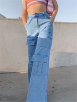 Women 90S Y2K Patchwork Wide Leg Mom Jeans Vintage Mopping Pants Casual Streetwear Boyfriend Denim Jeans Big Pocket Cargo PantsTH