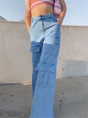 Women 90S Y2K Patchwork Wide Leg Mom Jeans Vintage Mopping Pants Casual Streetwear Boyfriend Denim Jeans Big Pocket Cargo PantsTH