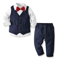 New Boy Children Costume Fashion Clothes Set Kids Baby Boys Vest+ T-Shirt+ Pants+Bow Sets For Formal Wear 2-8 Years Old