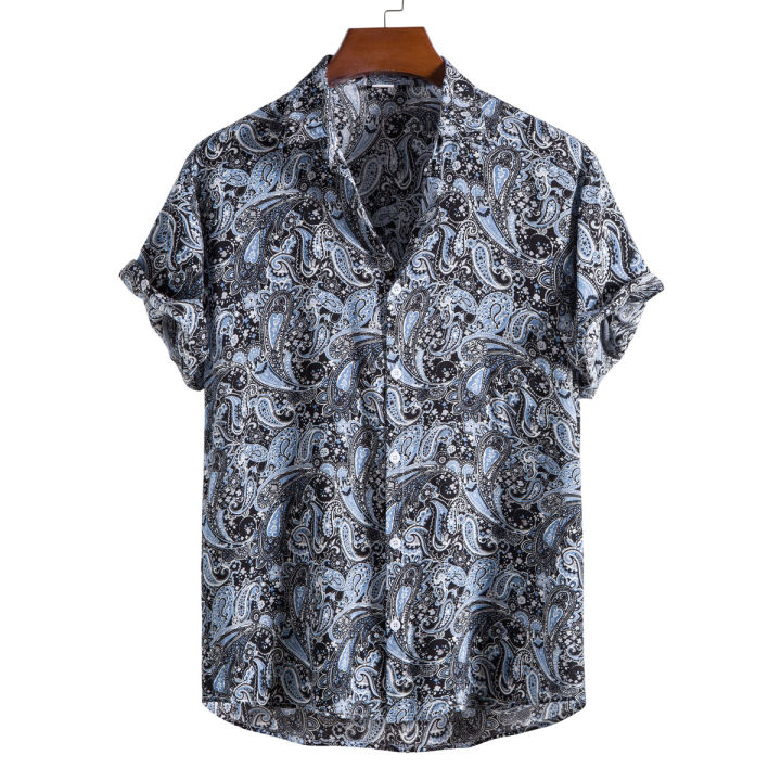 เสื้อฮาวาย-เสื้อเชิ้ตแขนสั้นพิมพ์ลายแบบบาง-เสื้อลายดอกสงกรานต์-เสื้อเชิ้ตชาย