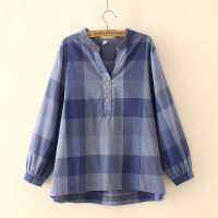 Plus Size Womens V-neck A-line Blouse Long Sleeved Plaid Fashion Tops Vintage Blusas