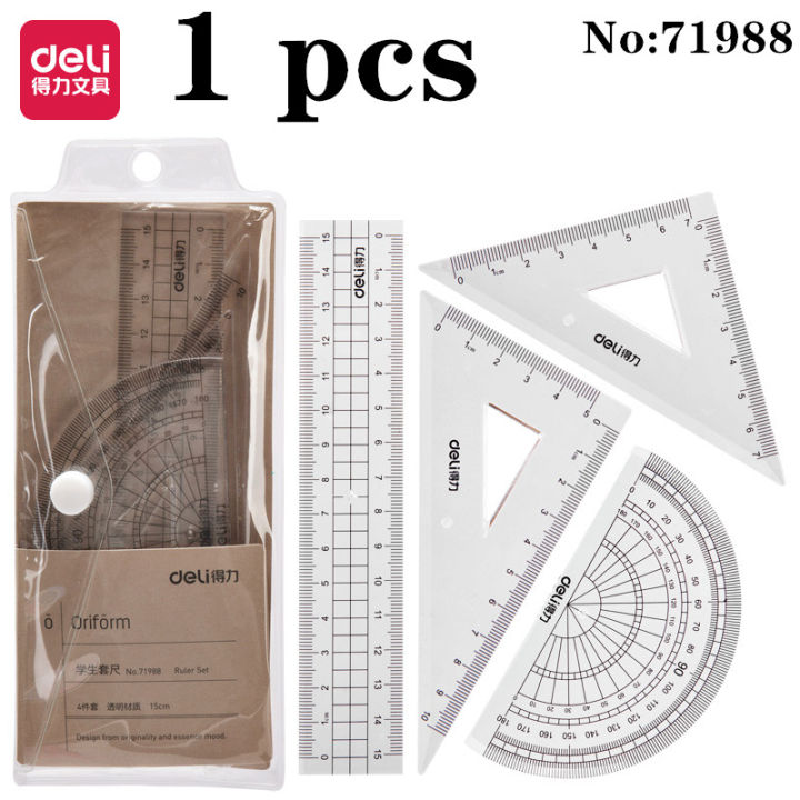 4pcs-set-of-deli-71988-grid-multifunctional-drawing-combination-ruler-triangle-plate-protractor-student-office-supplies