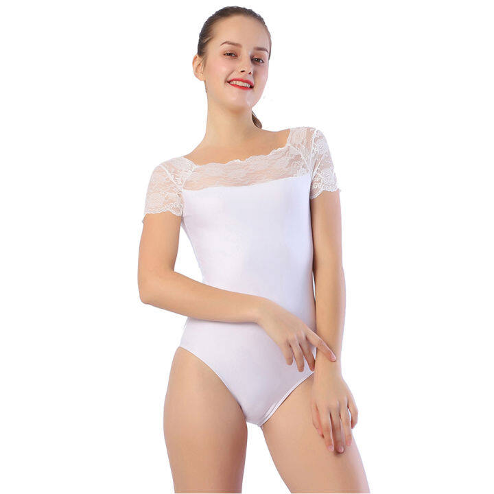 AOYLISEY Women's White Lace Basic Ballet Leotard Short Sleeve Stretch  Gymnastics Leotards Black y Bodysuit Sport Dance wear