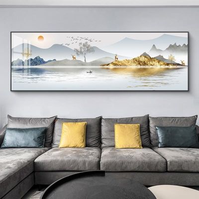 สไตล์จีนใหม่ Mountain Lake ภาพวาดผ้าใบ Wall Art Golden Tree ภูมิทัศน์โปสเตอร์และภาพพิมพ์สำหรับตกแต่งห้องนั่งเล่น