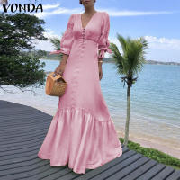 Vonda Women y 34 Sleeve Solid Color Party Deep V Neck Pleated Long Maxi Dress