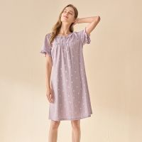 Pure cotton ladies nightdress lace round neck small fresh summer short-sleeved pajamas can be worn outside home clothes top