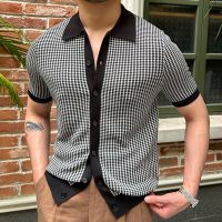 【YD】 Houndstooth Contrast Color Knitted Cardigan Men Coat Short Sleeved Lapel Breathable Vetement Homme