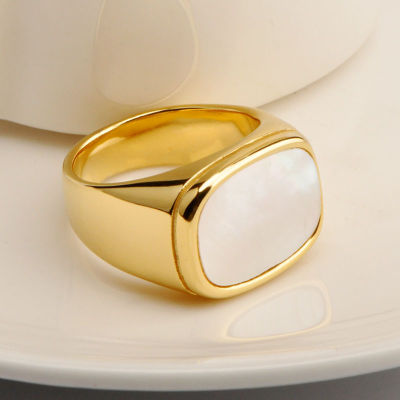 Cast White Shell Ring Square Gold Polished Stainless Steel For Men Women